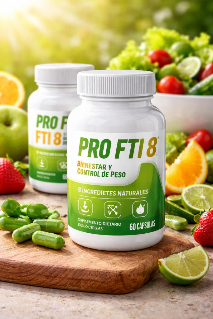Suplemento PRO FTI 8 enfocado en bienestar y apoyo a un estilo de vida saludable.